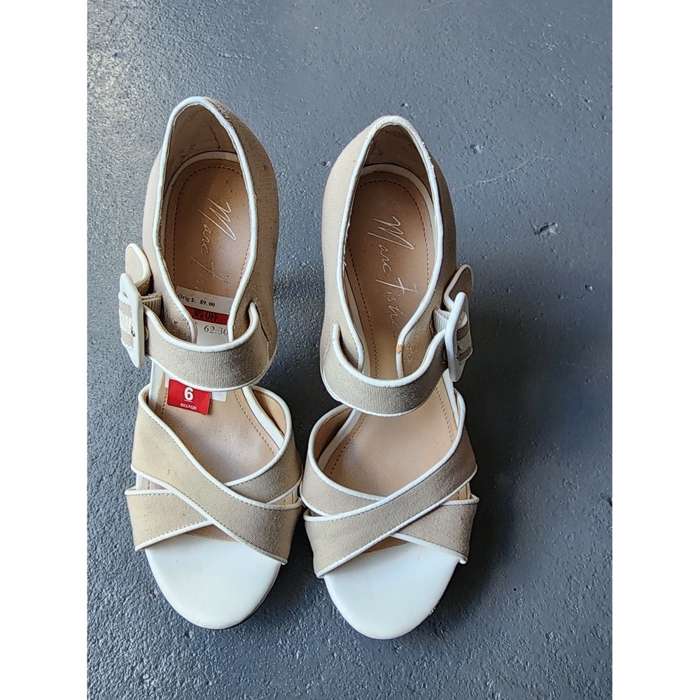 Marc Fisher Women's Heels Size 6 Beige White Cork Heel Buckle Strap Sandals NEW